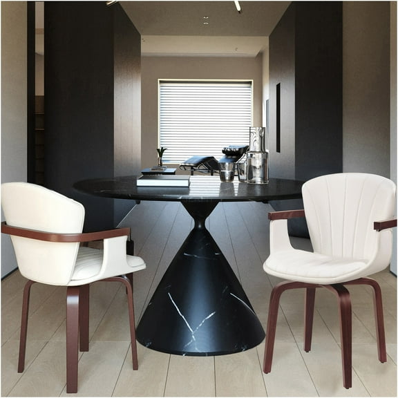 JERFIT Mid-Century Modern Swivel Dining Chairs Set of 2, White PU Leather Upholstered Accent Chairs with Bentwood Frame for Kitchen, Dining Room, Office