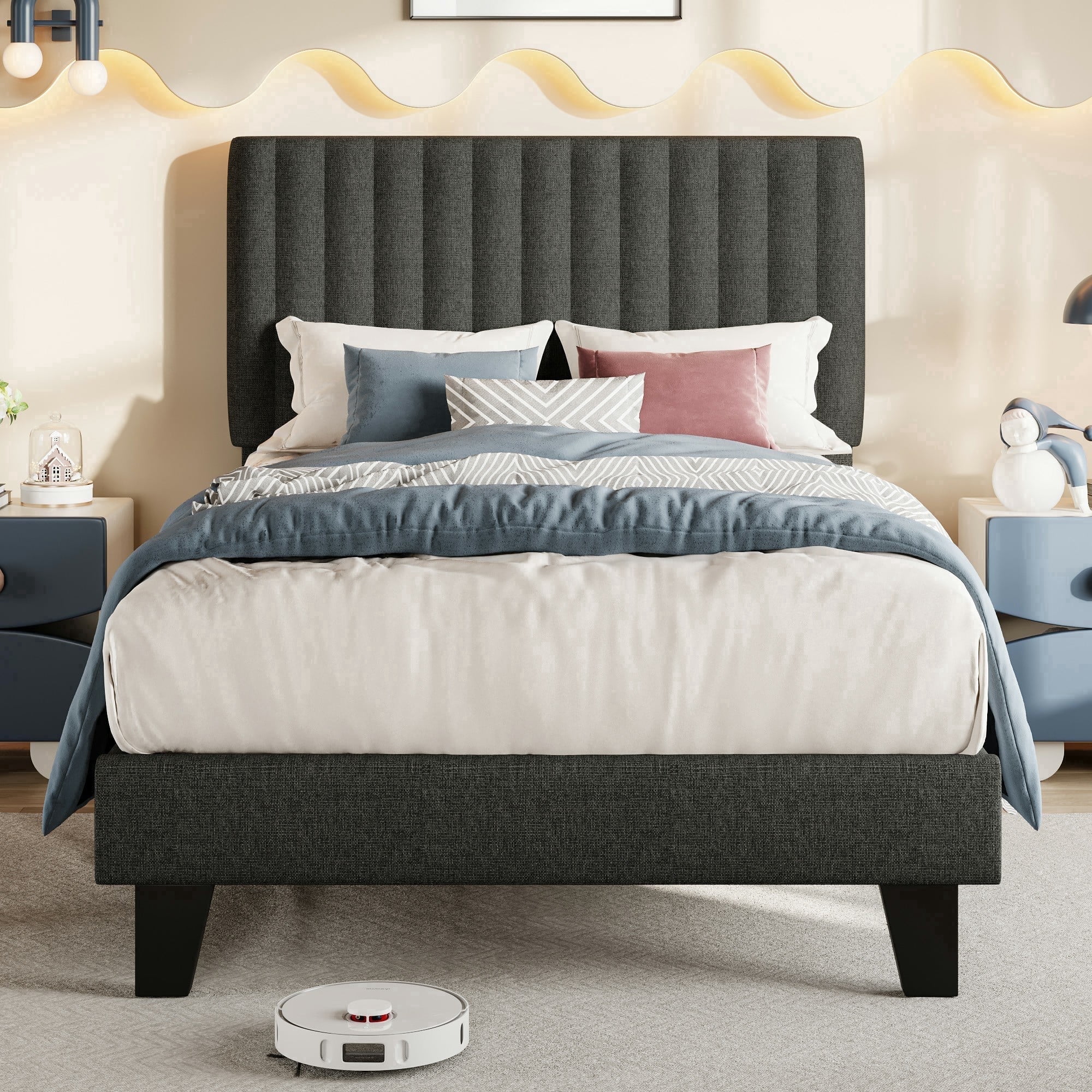 Virans Twin Size Bed Frame,Upholstered Linen Platform Bed frame with Fabric Headboard,Solid Wood Slats Support,Noise Free,No Box Spring,Easy Assembly,Dark Gray