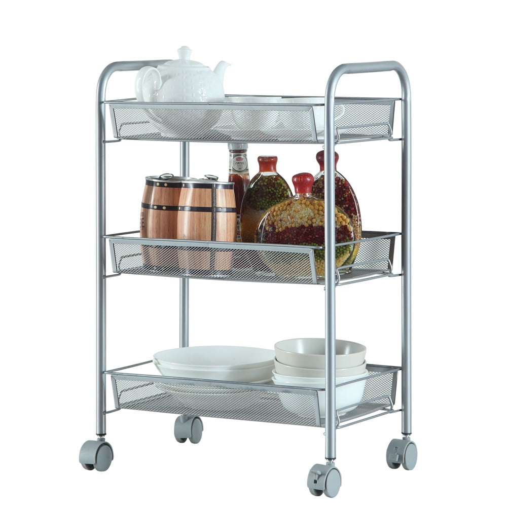Rolling Metal Trolley Cart Mobile Utility Carts with 4 Steel Wire Shelves and Easy Glide Caster Wheels Slide Out Mesh Storage Cart Storage Tower Rack Storage Shelves for Home Kitchen Bathroom Storage 