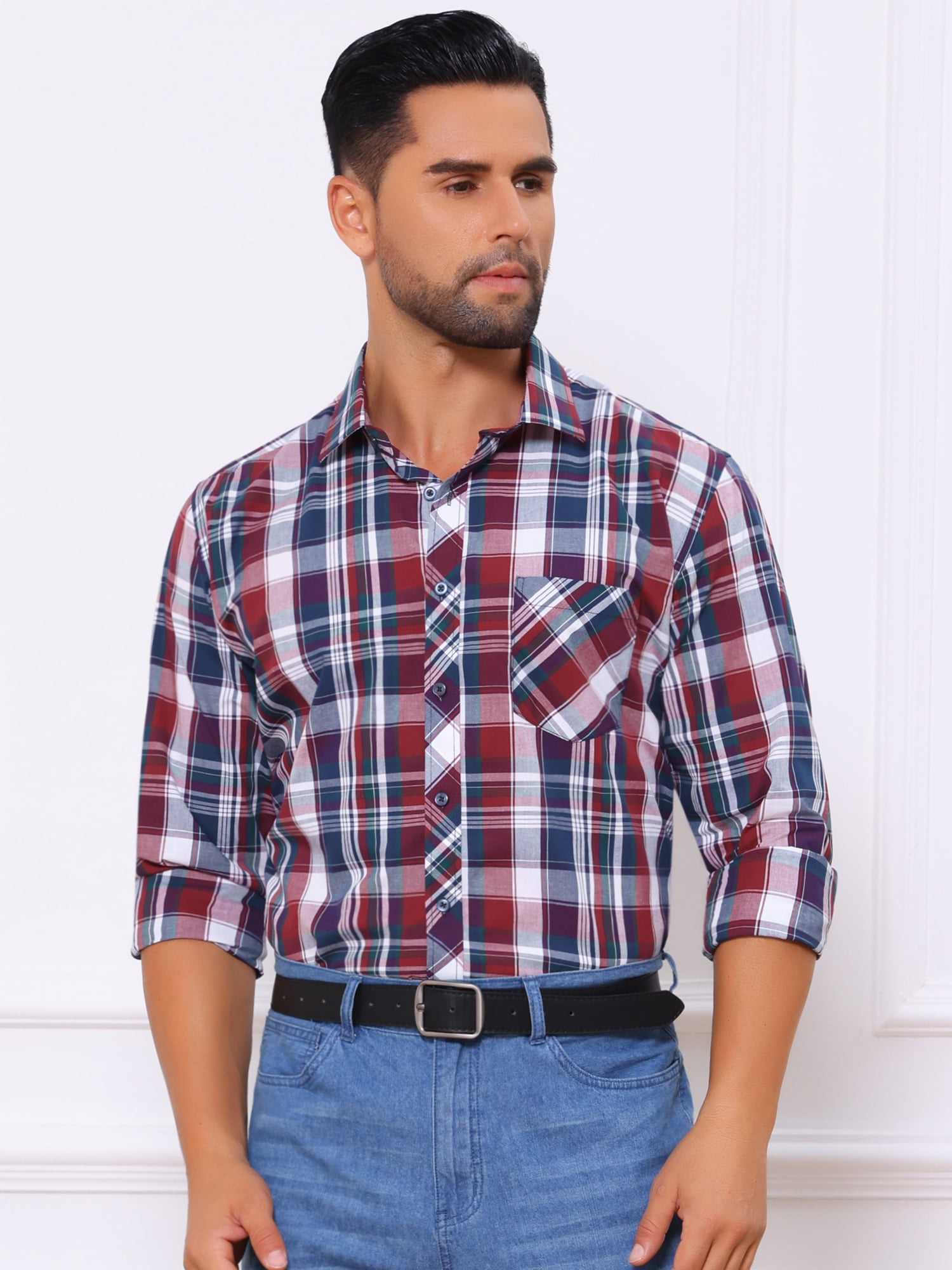 DARING DIVA Men's Long Sleeve Checked Shirt Point Collar Button Plaid Shirt XL Red Navy