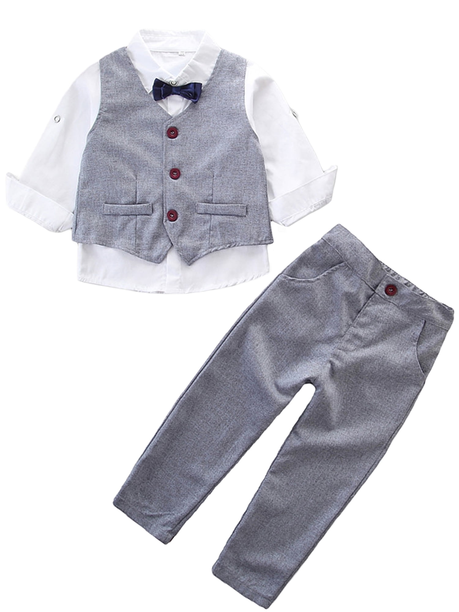 LAPAKIDS Kids Toddler Baby Boy Formal Suit Long Sleeve Gentlemen Bow Tie  Shirts + Vests + Pants Outfit Sets 4-5T 
