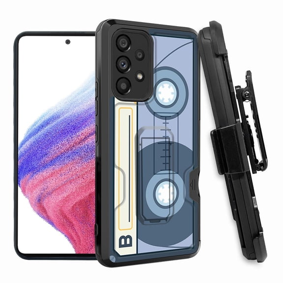 ANJ  Rugged Shockproof Hoster Case w/Card Slot, Kickstand   Tempered Glass Cover for Samsung Galaxy A33 5G - Retro Cassette 2