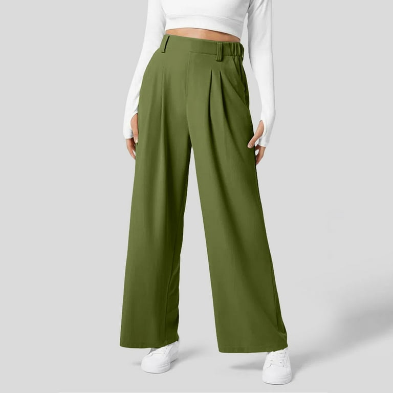 NESWOIZI Women Fashion Casual Solid Color Wide Leg Elastic Pants Work Business Casual High Waisted Dress Pants Flowy Trousers Office Pants Tan Pants