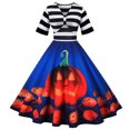 thumbnail image 1 of Elegante vestido de Halloween a rayas para mujer, estilo rockabilly, estilo vintage de los años 50 y 60, con encaje y manga corta para fiesta de oficina, 1 of 5