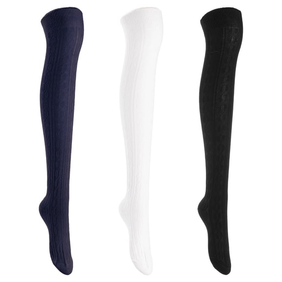 Lian LifeStyle Women's 3 Pairs Adorable Comfortable Soft Thigh High Over Knee High Cotton Socks Size 6-9 L1024 Black,Cream,Navy