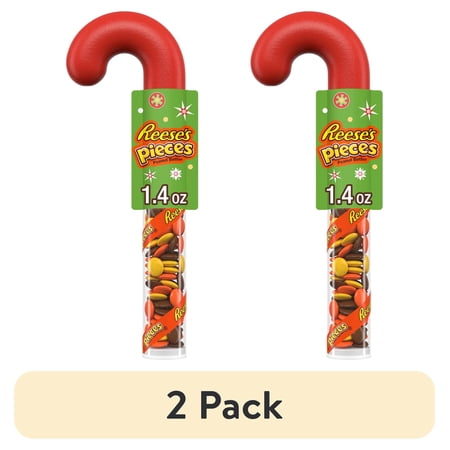 (2 pack) Reese's Pieces Candy Christmas Candy Stocking Stuffers, Plastic Cane 1.4 oz