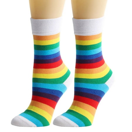 

OOKWE Women Men Cotton Novelty Printed Crew Socks Rainbow Striped Multicolored Harajuku Casual Skateboard Student Mid Tube Hosiery Stockings