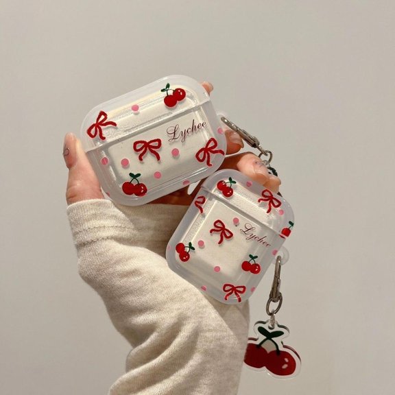 Cute Red Bow Cherry Bluetooth Headphone Case Protective Cover for AirPods 1/2, AirPods Pro, AirPods 3, AirPods Pro 2, AirPods 4, AirPods Pro 3
