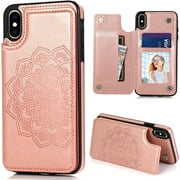 for iPhone X/iPhone Xs Case with Card Holder,PU Leather Mandala Emboss Flip Cover with Kickstand Credit Card Slots Magnetic Slim Wallet Case for iPhone 10/10S 5.8" (Rose Gold)
