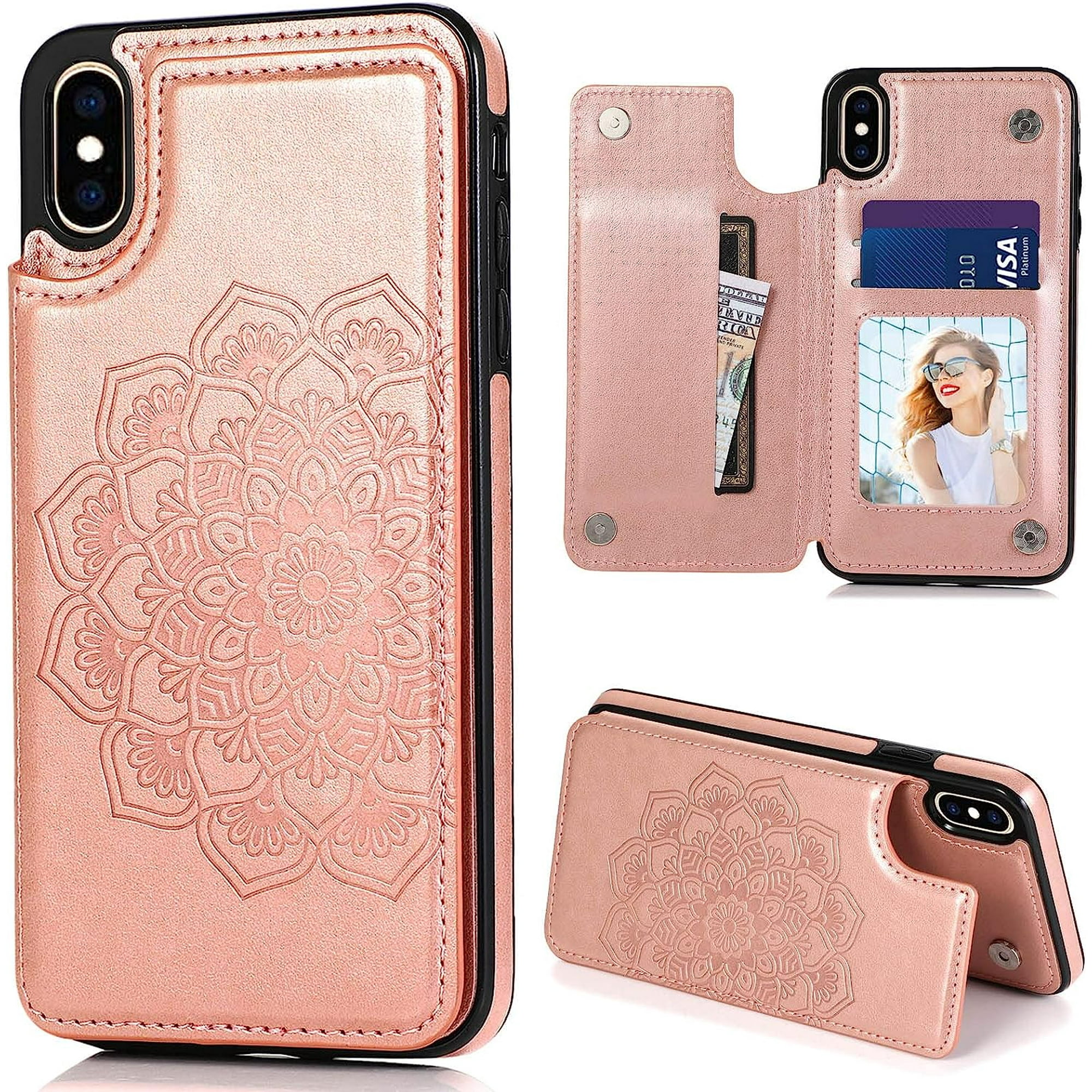 for iPhone X/iPhone Xs Case with Card Holder,PU Leather Mandala Emboss Flip Cover with Kickstand Credit Card Slots Magnetic Slim Wallet Case for iPhone 10/10S 5.8" (Rose Gold)
