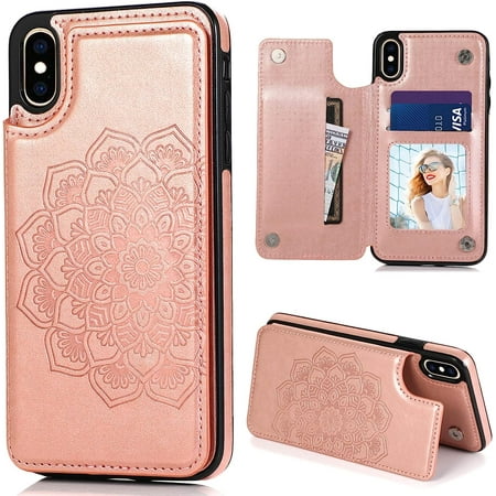for iPhone X/iPhone Xs Case with Card Holder,PU Leather Mandala Emboss Flip Cover with Kickstand Credit Card Slots Slim Wallet Case for iPhone 10/10S 5.8" (Rose Gold)