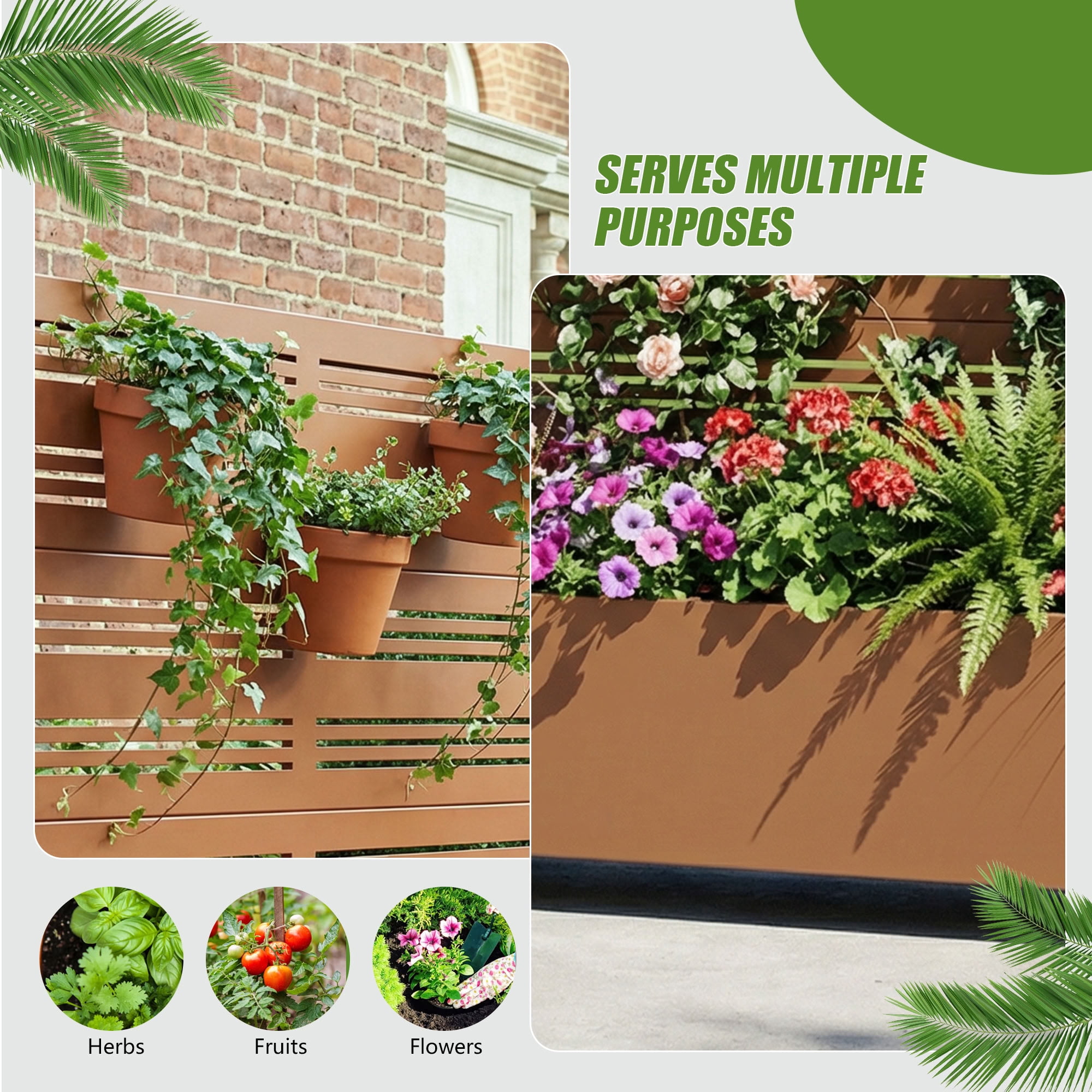 MAYEERTY 3 Panels Outdoor Metal Planter Box, Durable Weather-Resistant Planter, Decorative Metal Flower Box for Patio, Balcony, Garden