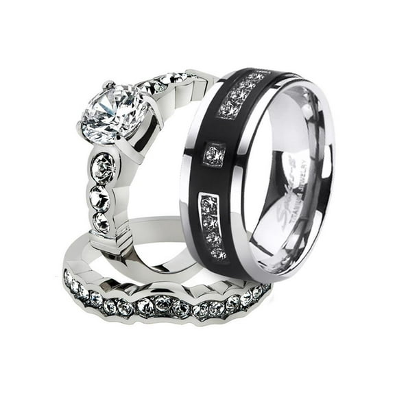 His and Her Stainless Steel 2.35 Ct Cz Bridal Set and Men's Titanium Wedding Band Women's Size 10 Men's Size 12
