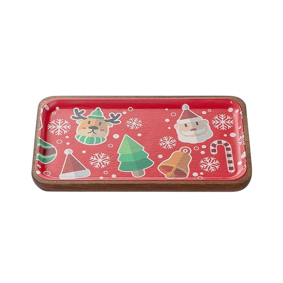 Christmas Printed Serving Tray with Wooden Rim Decorative Tray for Storing Cookies Desserts Tabletop Holiday Decoration