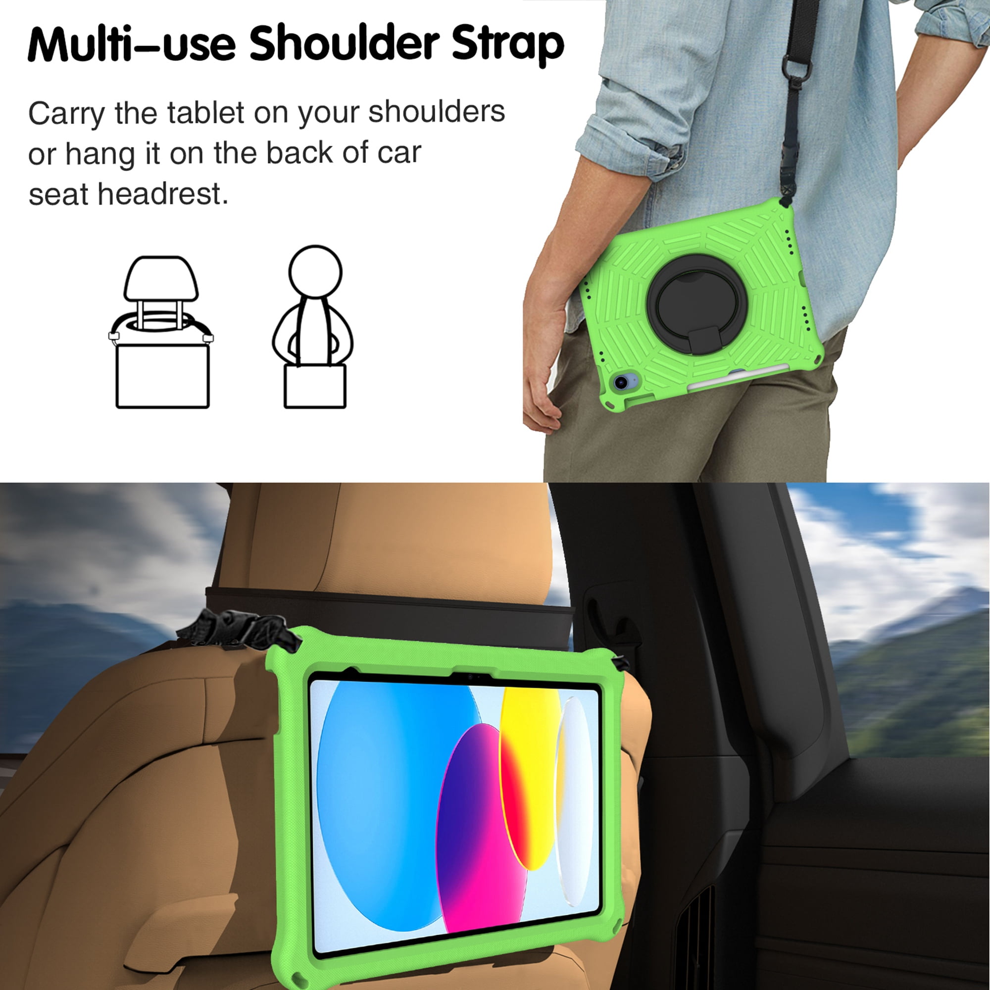 TECH CIRCLE iPad 10th Generation Case 2022 10.9 inch A2696 A2757 A2777, Heavy Duty Rugged Silicone Case with Swivel Ring Stand/Stable Kickstand/Shoulder Strap/Pencil Holder, Green