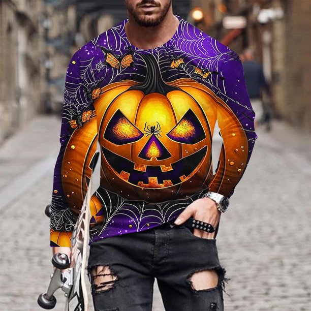 Blusas y camisas de manga larga con cuello redondo para hombre, estilo casual, cuello redondo, manga larga, camiseta estampada de Halloween, blusas, blusas de poliéster para hombre.