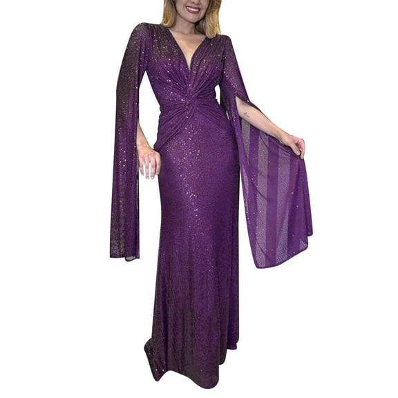 HJYCHN Elegant Sequin Beaded Evening Gown with Long Sleeves and V-Neck for Wedding Guest formal Occasions Purple L