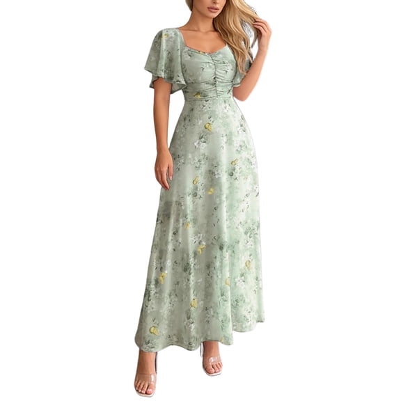 Letdown Summer Dresses for Women 2026 Floral Cottagecore Dress Puff Sleeve Maxi Ruffled Corset Dress Square Neck A Line Flowy Wedding Guest Tea Party Dresses