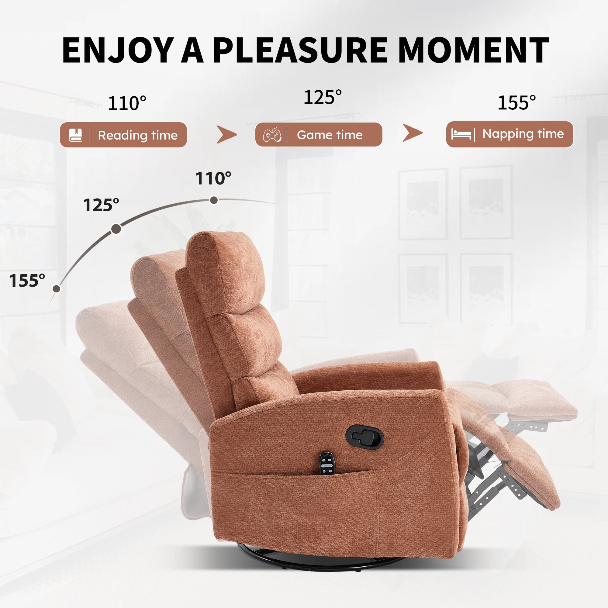 Aukfa 360° Swivel Recliner Rocking Chair with Massage and Heat for Living Room & Nursery, Chenille, Orange