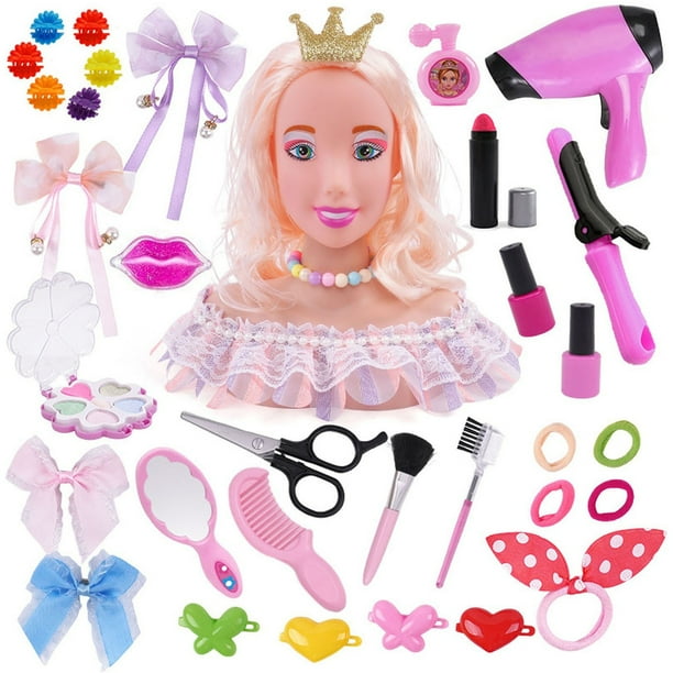 Cabeza de muñeca de lujo para peinar con accesorios de maquillaje | Juego de simulación de peluquería para niñas | Juguete de peluquería suave con peine y secador