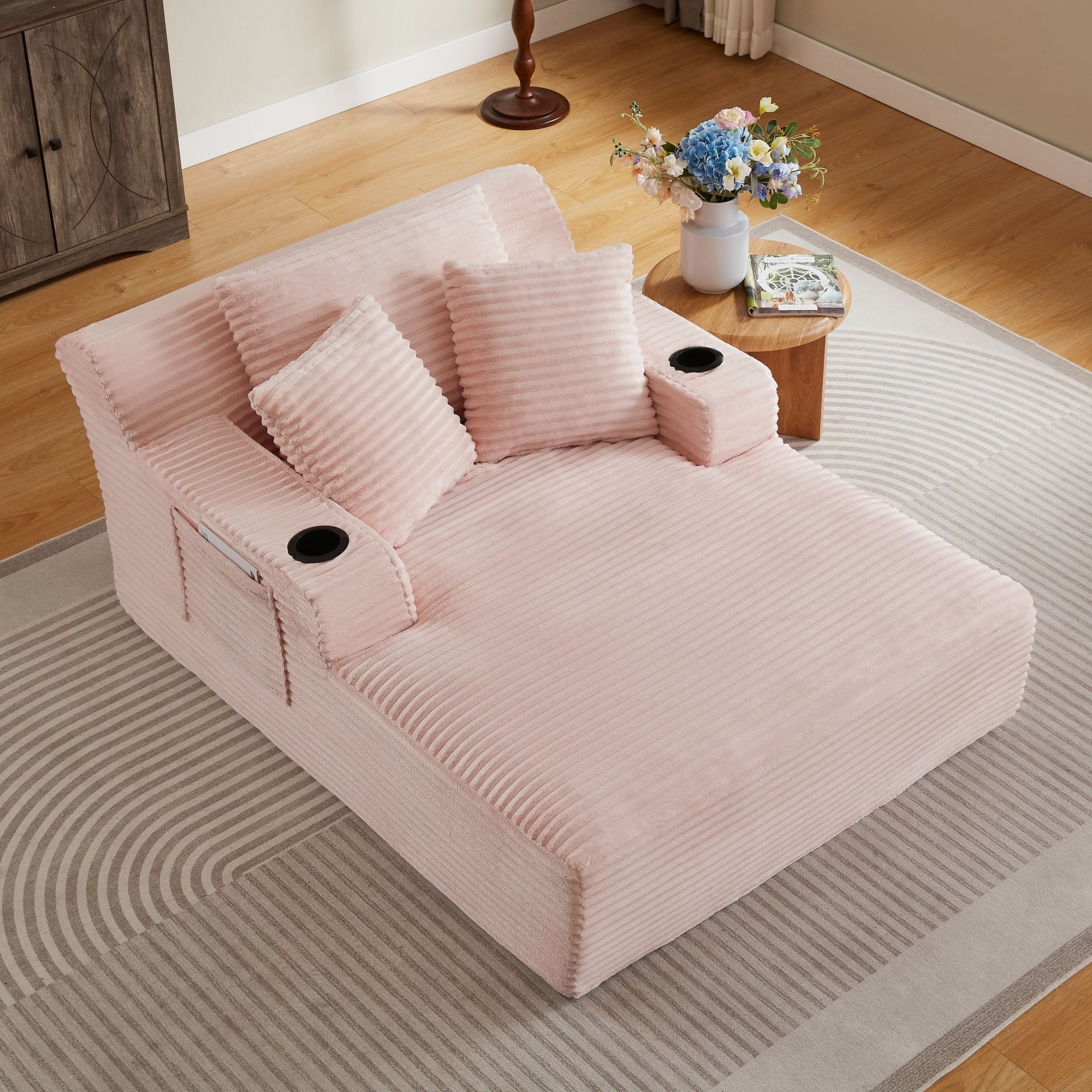Leumius Oversized Chaise Lounge Chair Indoor,Cloud Plush Corduroy Upholstered Sofa Bed with Cupholders,Deep Seat Boneless Sofa with Pillows for Living Room Bedroom, No Assembly Required,Pink