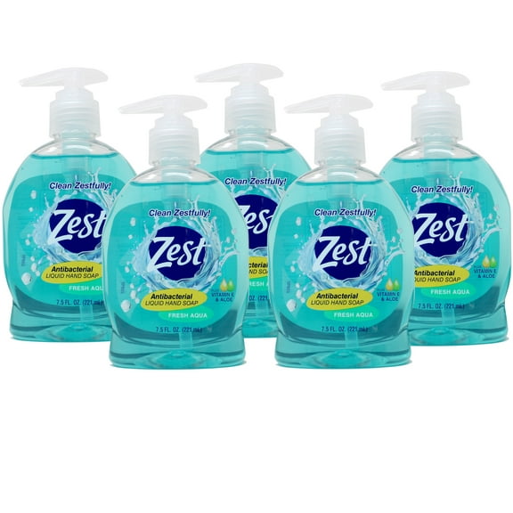 Zest Antabacterial Liquid Hand Soap Plus Vitamin E & Aloe Fresh Aqua 7.5 Fl Oz - 5 Pack