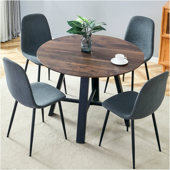 JERFIT 4-Piece Round Dining Table Set with Chairs, 42 Inch Modern Kitchen Table for 4, Dark Gray Linen Fabric Chairs, Black Metal Legs, Walnut Textured Top for Dining Room
