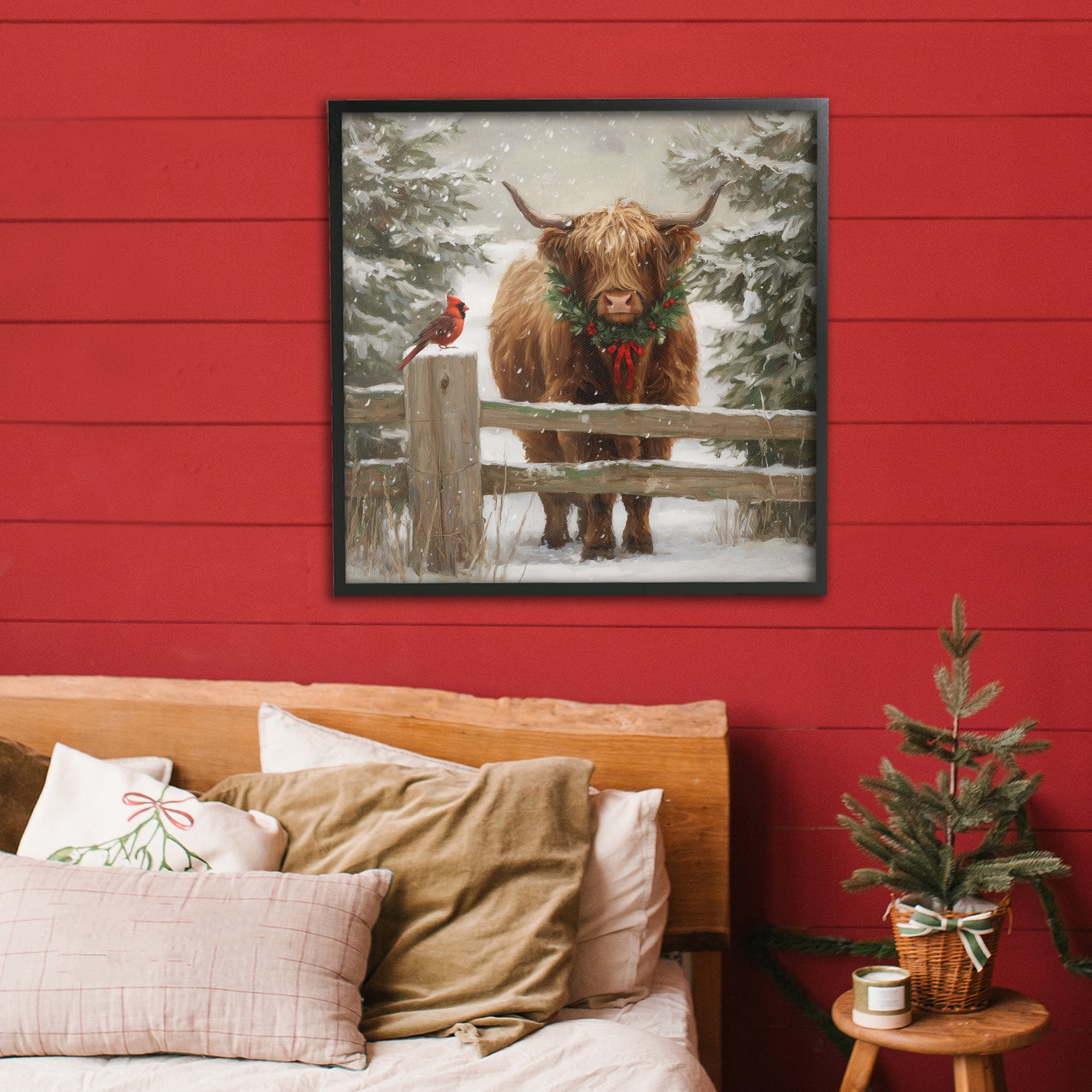 Stupell Industries Christmas Cow & Cardinal Black Framed Giclee Art, design by Tina LeCour