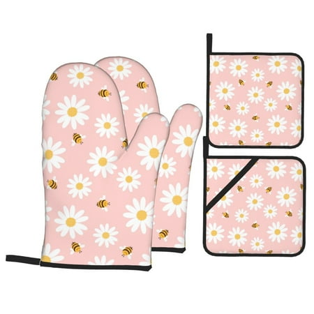 

Oven Mitts and Pot Holders Sets 4 pcs - daisy flower bee cartoons pink Heat Resistant Silicone Oven Gloves with Non-Slip Silicone Surface and hot pads for kitchen Baking Cooking BBQ