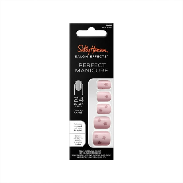 Manicura perfecta Sally Hansen Salon Effects®, ¡Qué estrella!, uñas postizas cuadradas, pestañas adhesivas no dañinas, lima y almohadilla con alcohol incluidas.