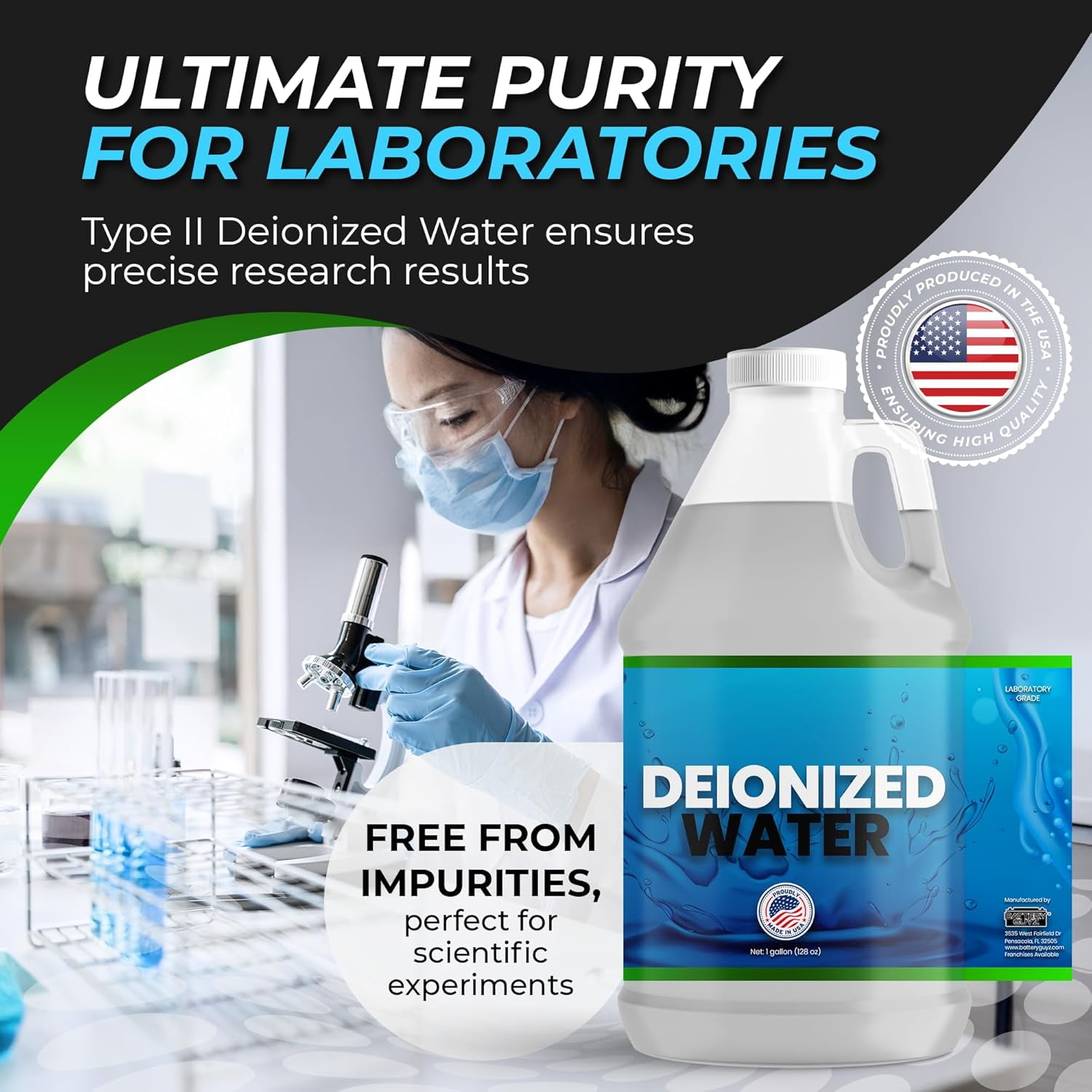 Battery Guyz Deionized Distilled Water, Pharmaceutical Purity, Industrial Electronic Manufacturing, Automotive, 1 Gallon, 128 oz