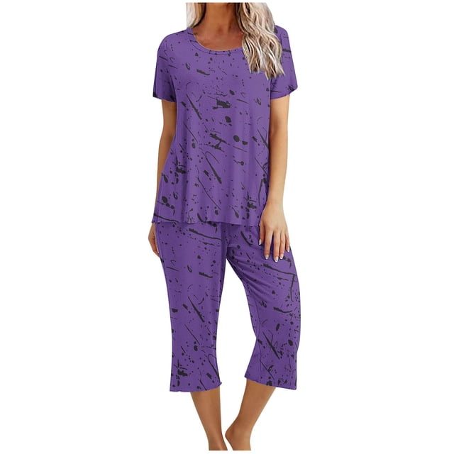 Pijamas de Verano para Mujeres, Suelto Impreso Manga Corta Superior Y Pantalones Recortados, Cuello Redondo Casual