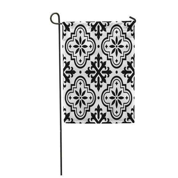 POGLIP Floor Spanish Pattern Moroccan Tiles Black and Azulejo Mosaic Garden Flag Decorative Flag House Banner 28x40 inch