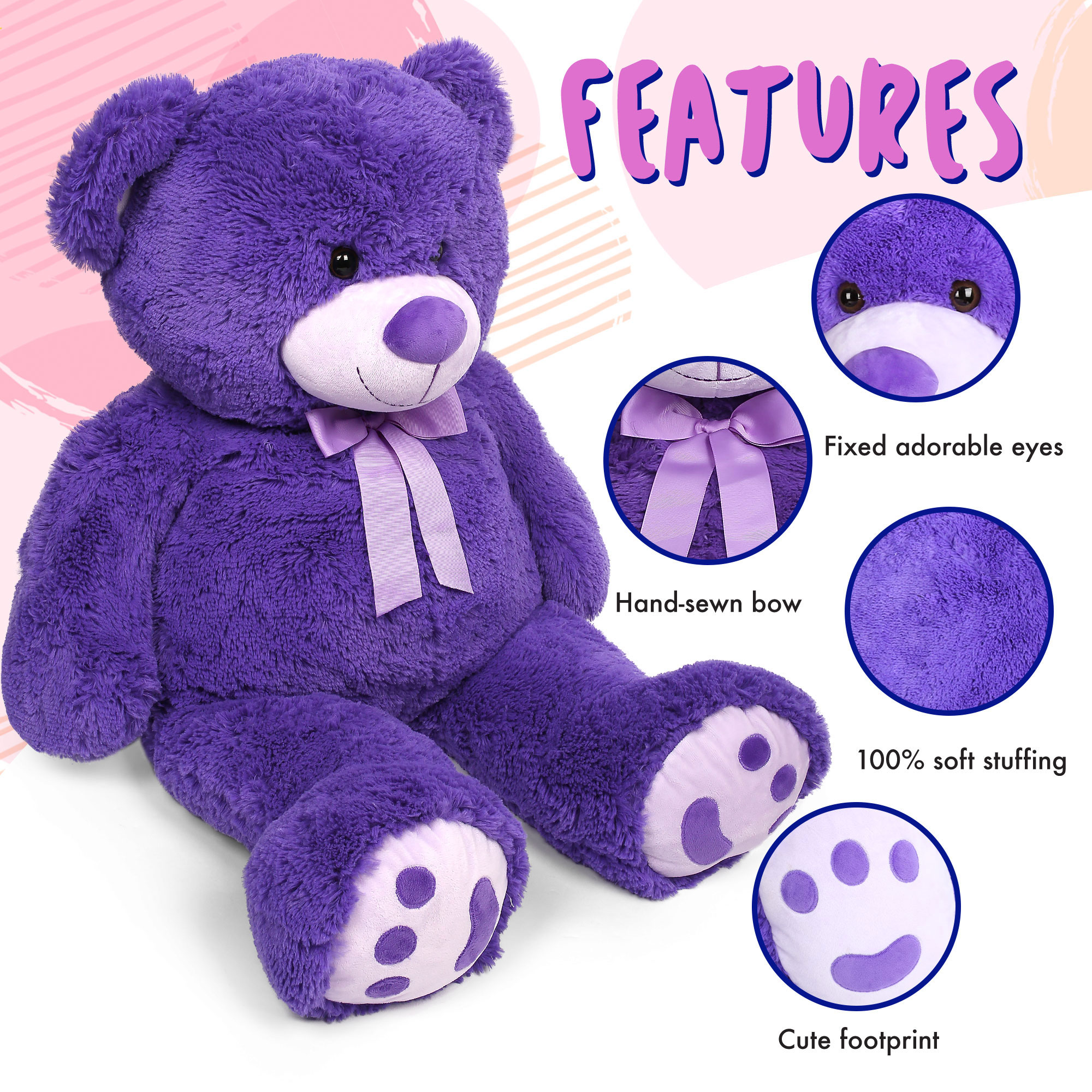 LotFancy 39" Giant Teddy Bear Stuffed Animal, Bear Plush Toy with Footprints for Kids Adult, Purple - image 4 of 9