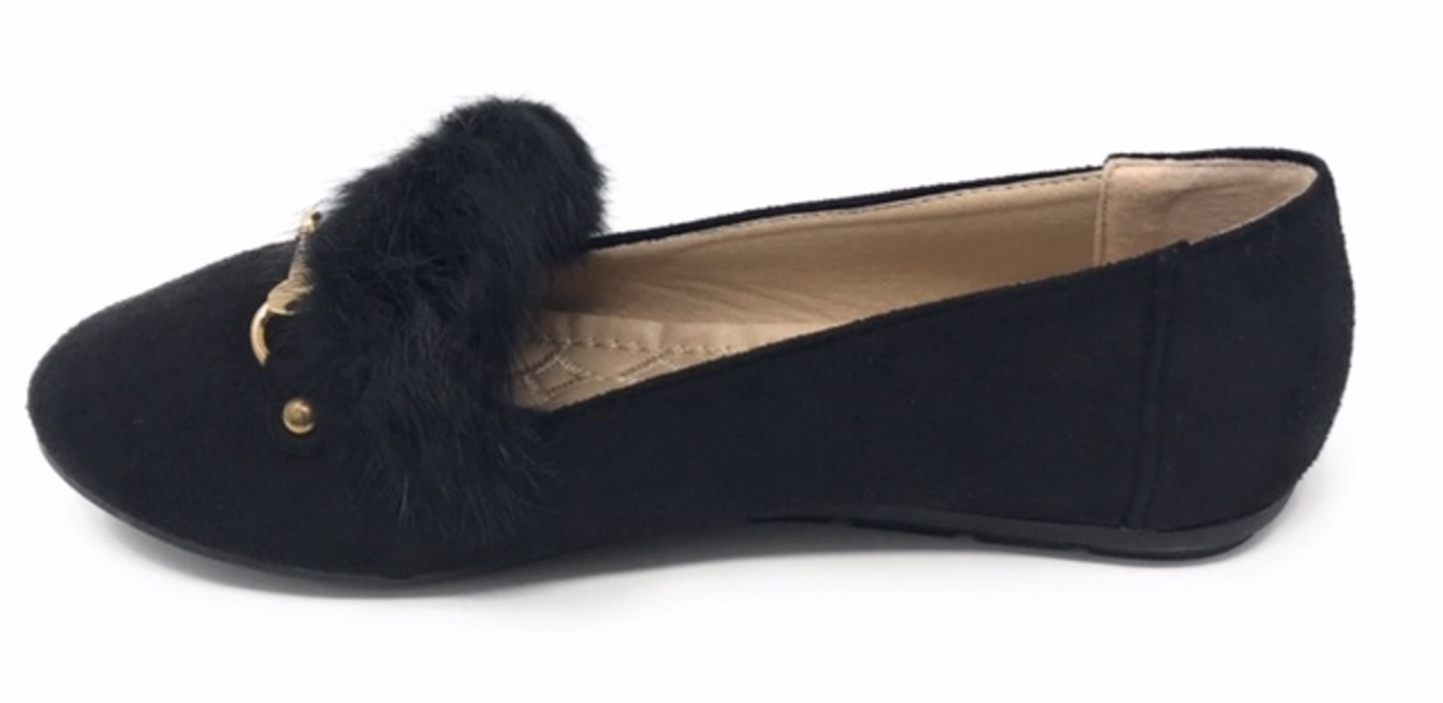 Women’s Loafer Flats with Faux Fur and Gold Chain Accent – Soft Suede-Like Slip-On Shoes – Comfortable Casual Dress Flats for Work, Office, Travel, or Everyday Wear