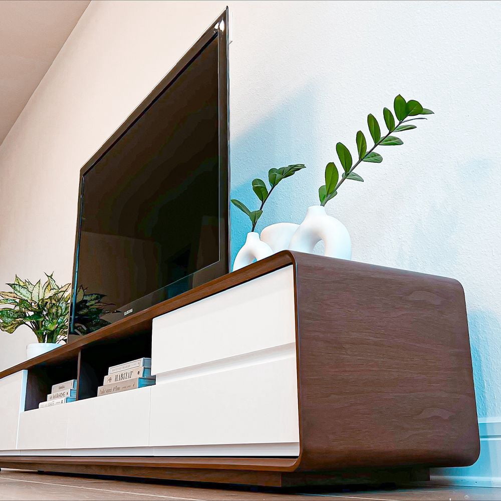 POVISON Modern Wood White TV Stand, Lowline Media Console with 4 Drawers, Open Storage Cabinet, Walnut Veneer, Fully-assembled, 94"