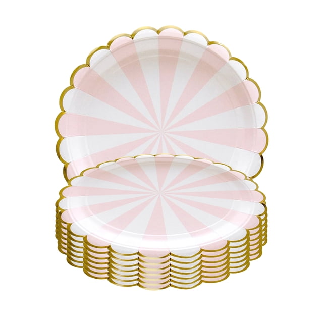 8PCS Disposable 9 Inch Plates Pink Stripes Compostable Paper Tableware Set Ecological Degradable Dinnerware for Birthday Barbecues Camping Picnics Party