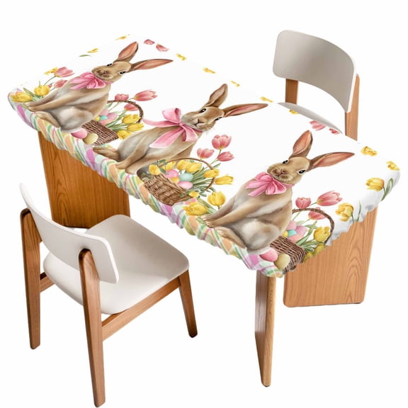 Easter Bunny Eggs Table Cloths for 6 Foot Rectangle Tables, Spring Tulips Rustic Rabbits Colorful Plaid Patio Waterproof Elastic Fitted Tablecloths, Washable Rectangular Table Cover for Camping