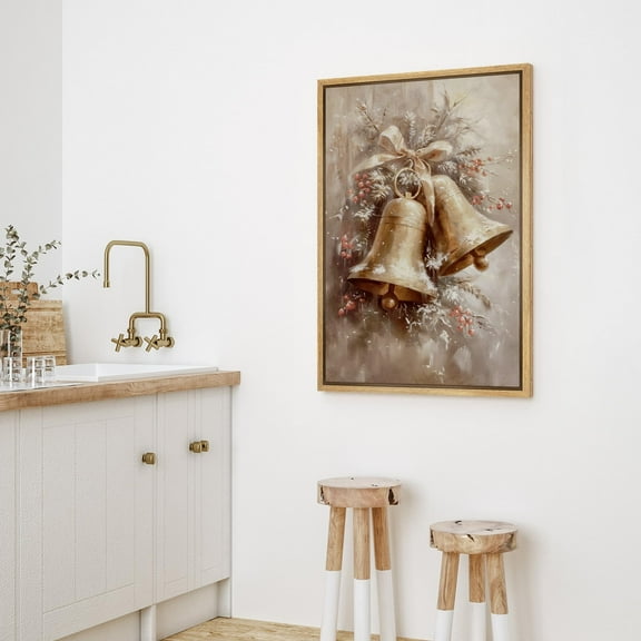 IDEA4WALL Framed Canvas Art Wall Decor Painting Vintage Christmas Bells Rustic Holiday Bells with Berries and Pine Decorative Illustration Funny Retro Chic for Dorm Home Office - 16"x24" Natural