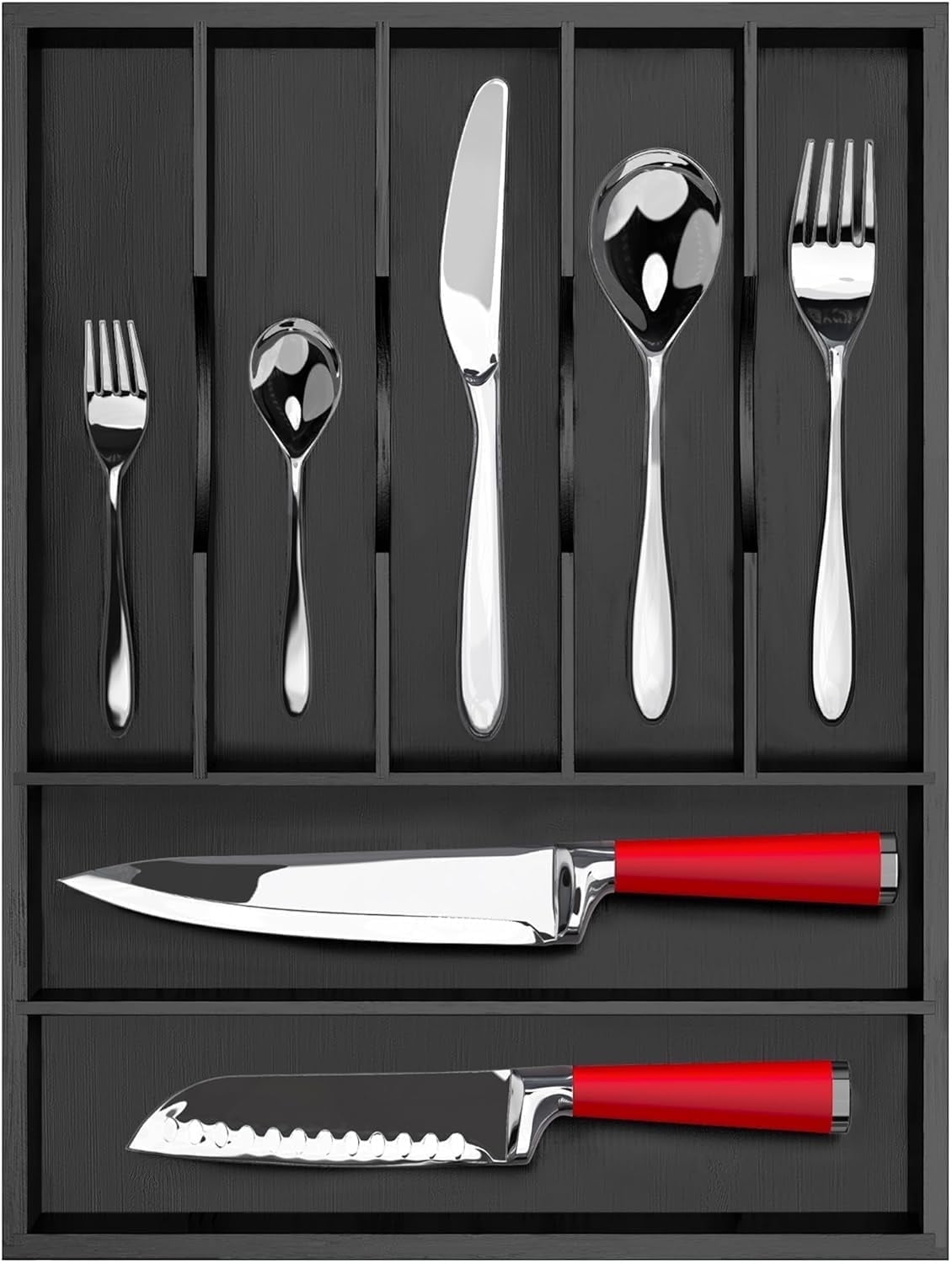 Royal Craft Wood Bamboo Kitchen Drawer Organizer Tray – Silverware Drawer Organizer and Utensil Holder for Flatware, Cutlery & Kitchen Storage (7 Slot, Black)
