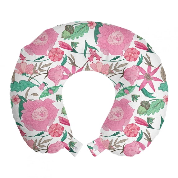 Floral Travel Pillow Neck Rest, Continuous Romantic Peony Mayweed Twigs Blossoming Garden Artwork Print, Memory Foam Traveling Accessory Airplane and Car, 12", Pink and Jade Green, by Ambesonne