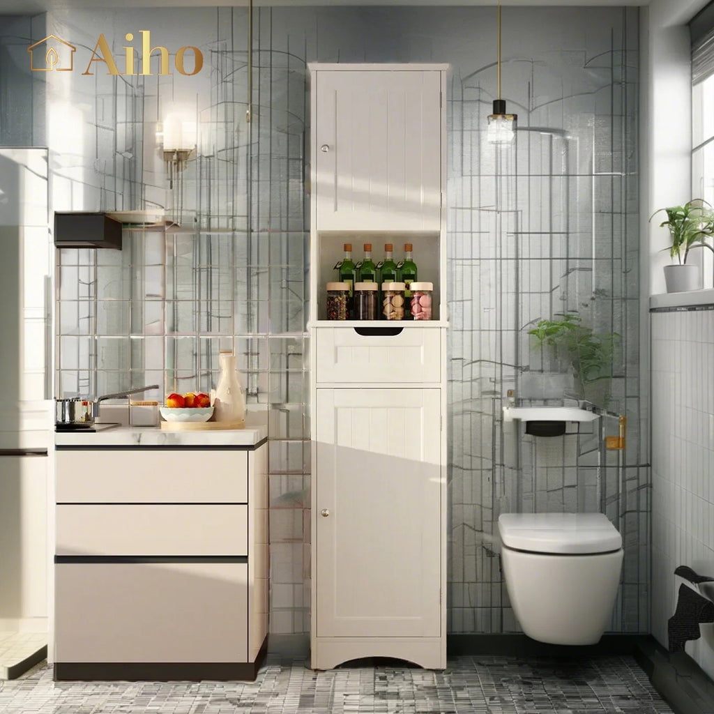 Aiho 67 " Bathroom Storage Cabinet with Adjustable Shelves, Kitchen Pantry with Drawer and Doors for Bathroom, Freestanding - Brown