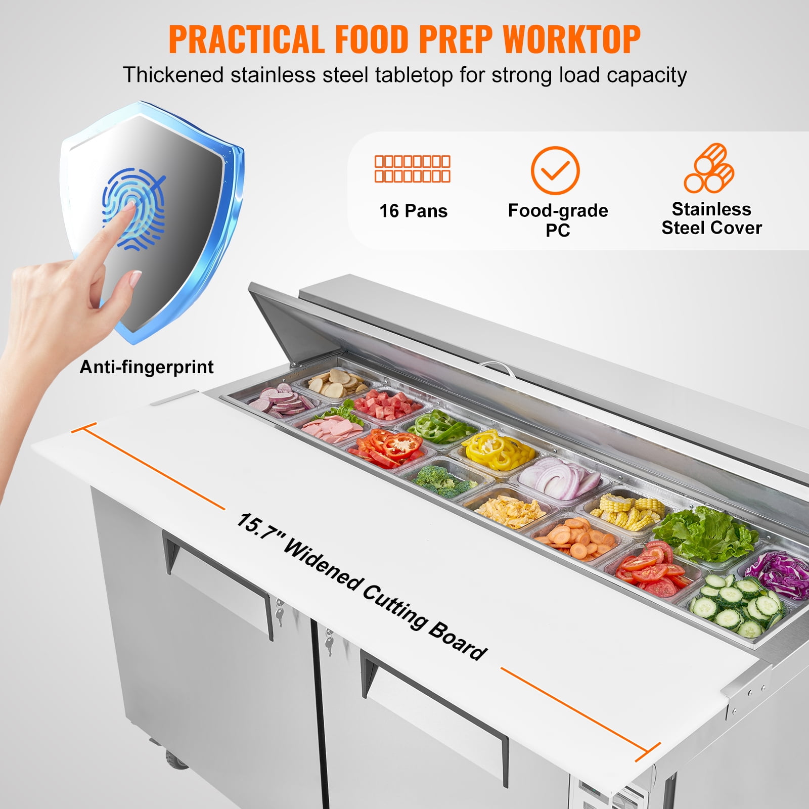 KFFKFF 60" Professional Fridge for Sandwich & Salad Preparation, 16.4 Cu. Ft Stainless Steel Chilled Food Preparation Area with 16 Trays, Cutting Board, Defrosting Refrigerator with Lock