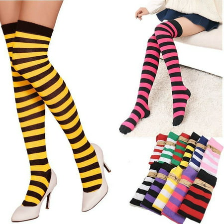 Fashion Women Girl Plus Size Striped Thigh High Socks Sheer Over Knee Stockings