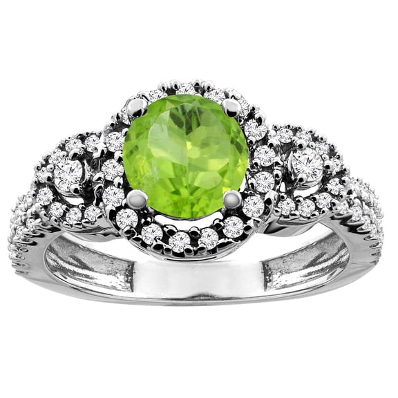 14K Yellow Gold Diamond Halo Natural Peridot Ring Round 6mm, size 8.5