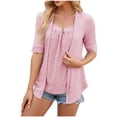 thumbnail image 2 of AXXD Womens Casual Tops Pink Basic 2024 Lace Summer Solid V-neck Bubble Short Sleeve Solid T-shirt Top, 2 of 4