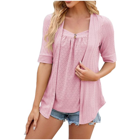 ylioge Summer Blouses for Women, Womens Summer Shirts Lace Up Fake Two Pieces Casual Loose V Neck Short Sleeve Solid Color Tops T-Shirt Shirts Summer Saving Clearance