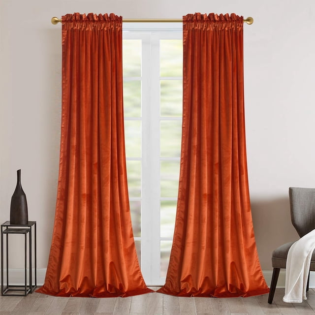 Roslynwood Velvet Burnt Orange Curtain 84 inch Length - Soft Luxury Curtains Block Light Thermal Insulated Rod Pocket Velvet Drap