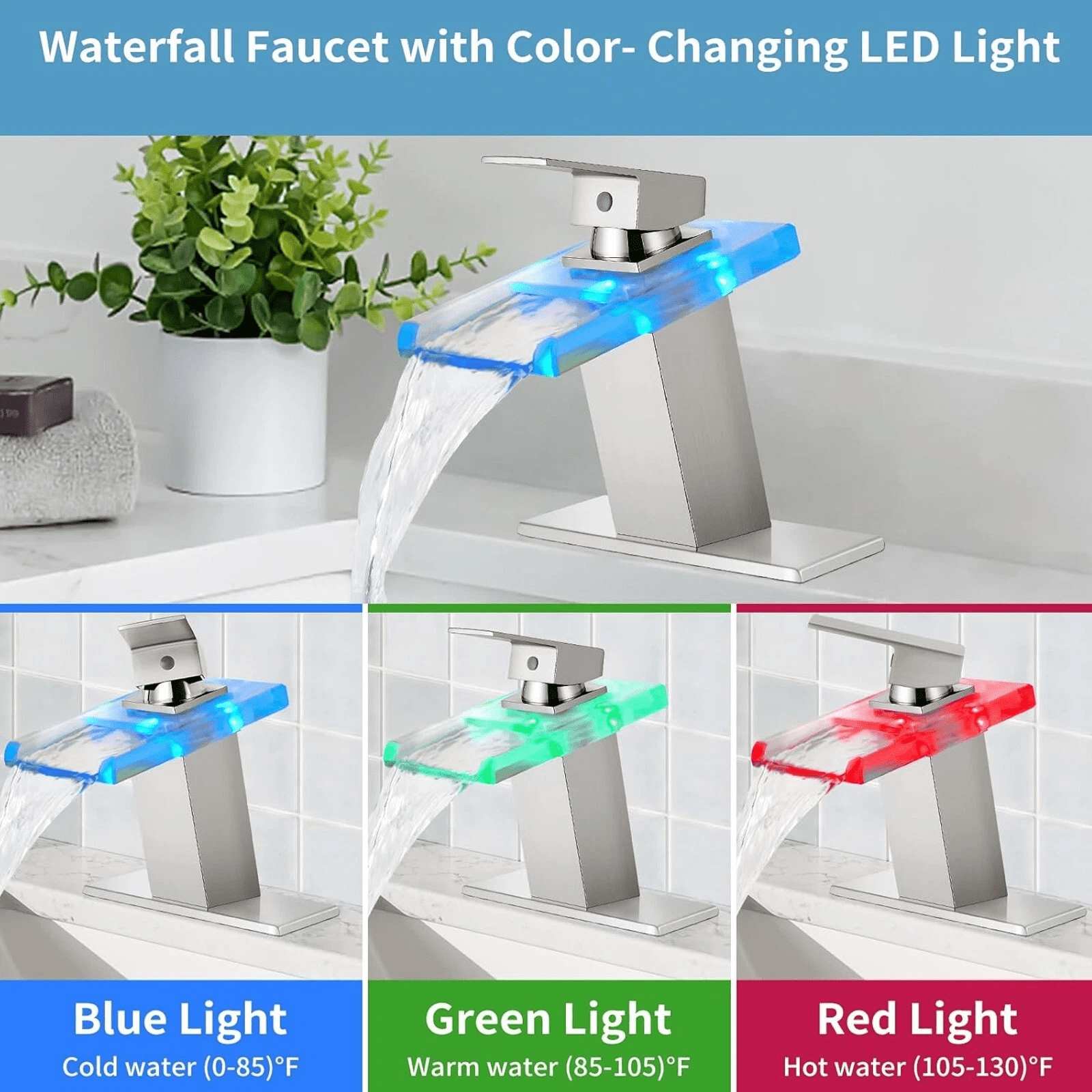 Zovajonia Brushed Nickel LED Bathroom Sink Faucet Single Hole 4 Inch Centerset Waterfall Faucet Glass Spout with Deck Plate