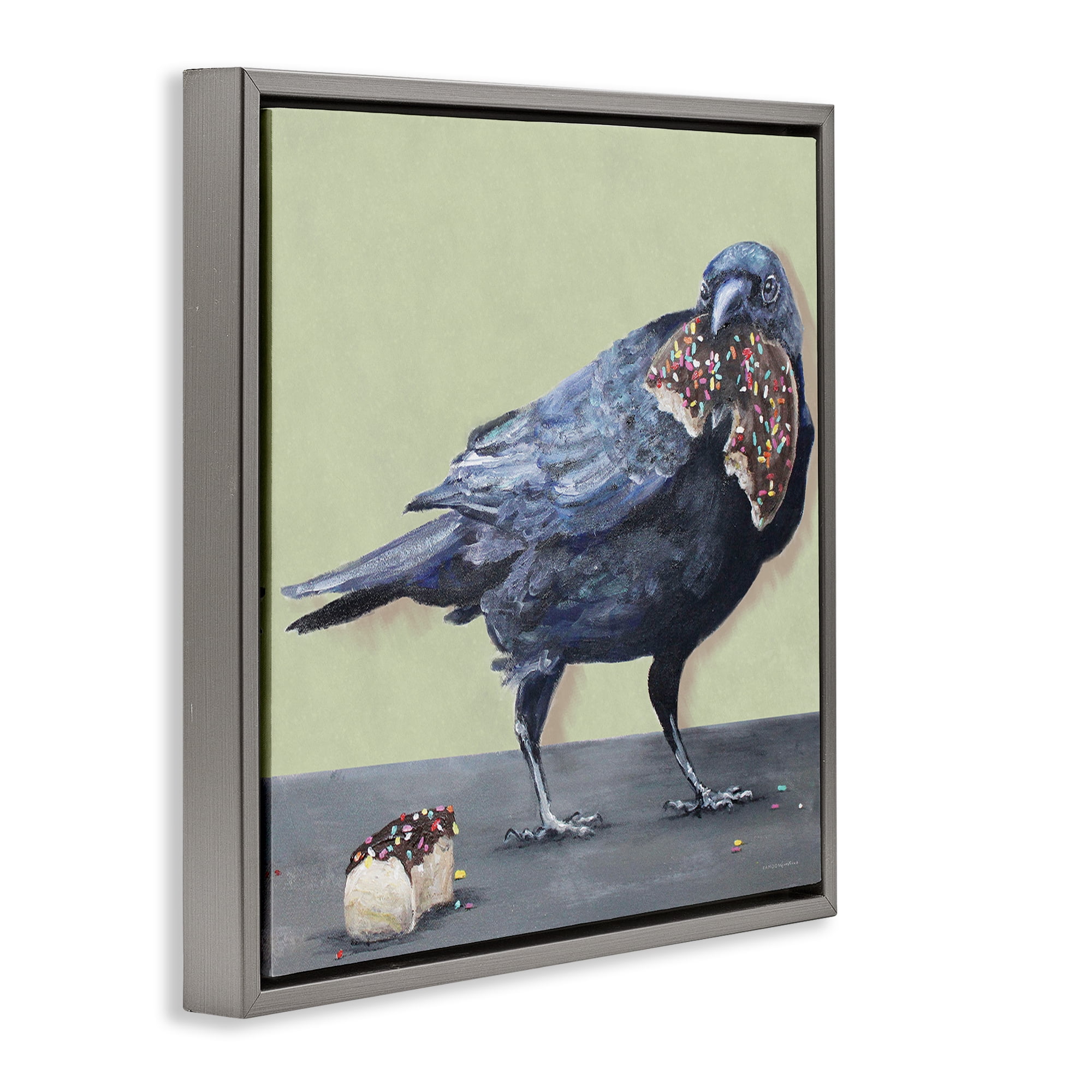 Stupell Industries Crow Eating Donut Food & Beverage Painting Gray Floater Framed Canvas Art Print Wall Art, 18 x 18